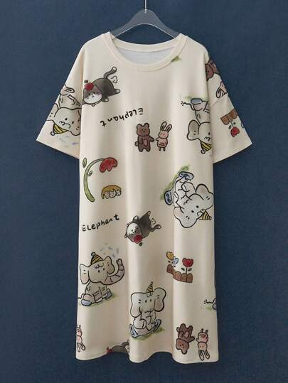 Cartoon Letter Animal Print Loose Nightgown, Pyjama view 6