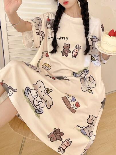 Cartoon Letter Animal Print Loose Nightgown, Pyjama view 3