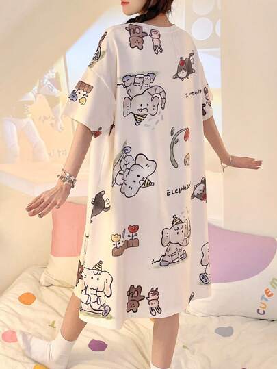 Cartoon Letter Animal Print Loose Nightgown, Pyjama view 2