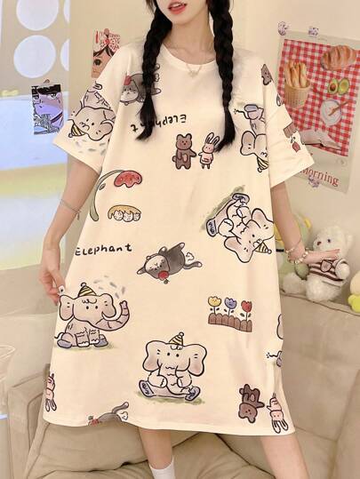 Cartoon Letter Animal Print Loose Nightgown, Pyjama view 4