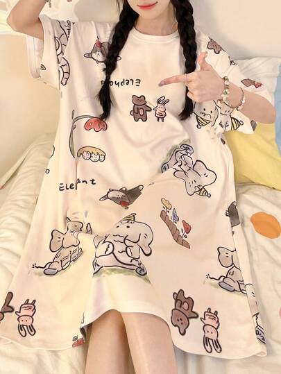 Cartoon Letter Animal Print Loose Nightgown, Pyjama view 5