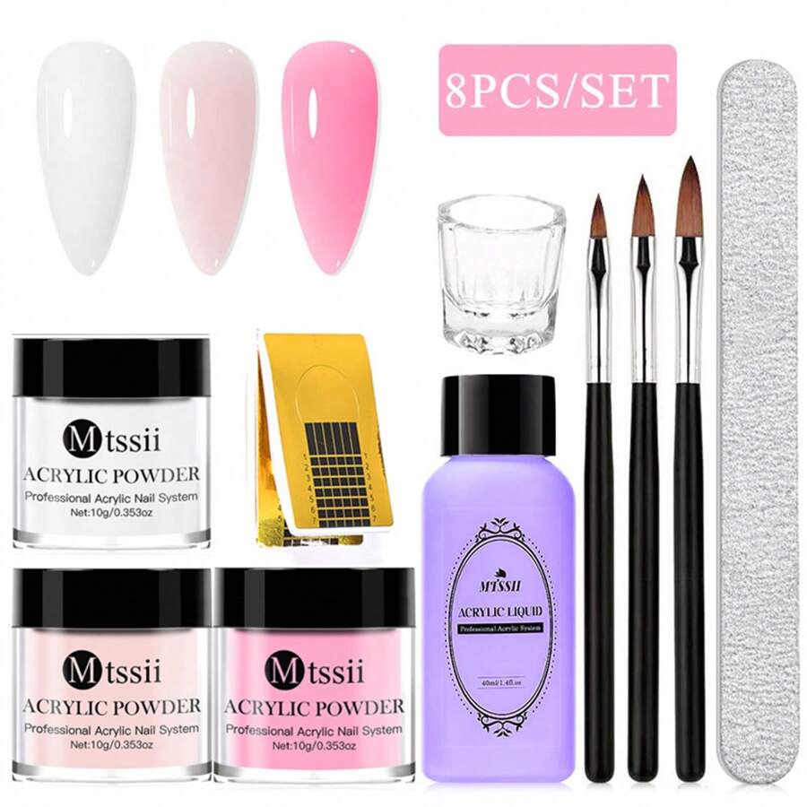 Ensemble de 8 pièces de poudre et de liquide acrylique pour ongles de 10 ml, rose, blanc, transparent, kit professionnel d'art acrylique DIY pour ongles avec pinceau pour les ongles