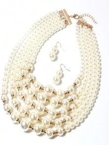 Set de 1 collar largo de perlas y 1 pieza de aretes - Blanco - Ver 3