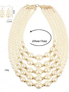 Set de 1 collar largo de perlas y 1 pieza de aretes - Blanco - Ver 2