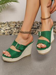 2024 New Spring And Summer Peep-Toe Wedge Heel Plush High Heel Slippers For Women, Plus Size British Style Outdoor Women Sandals