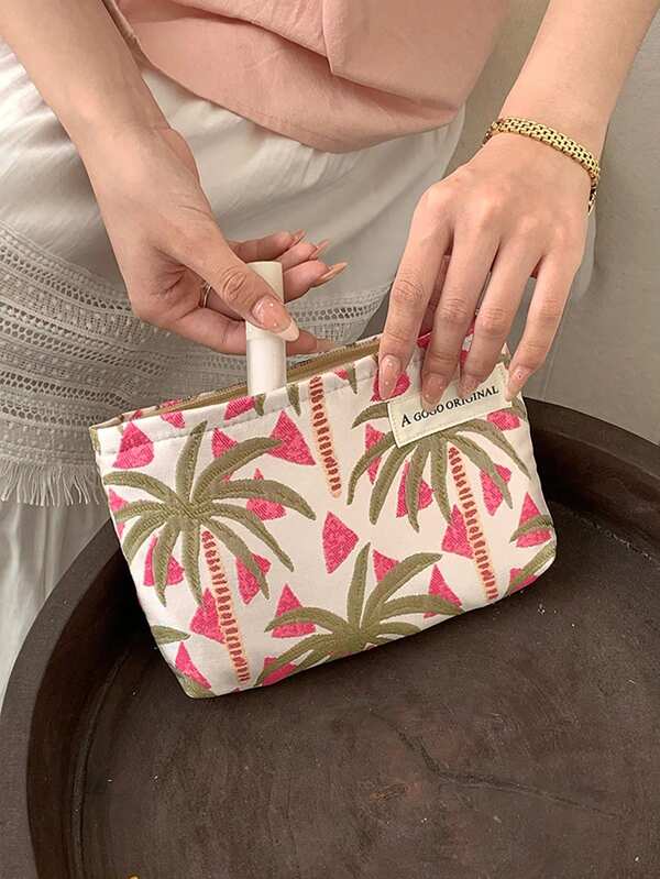 Plus Size Magenta Coconut Tree Pattern Cosmetic Bag, Portable Pouch Makeup Travel Toiletry Organizer Essentials Gifts Storage Zipper Accessories Nail