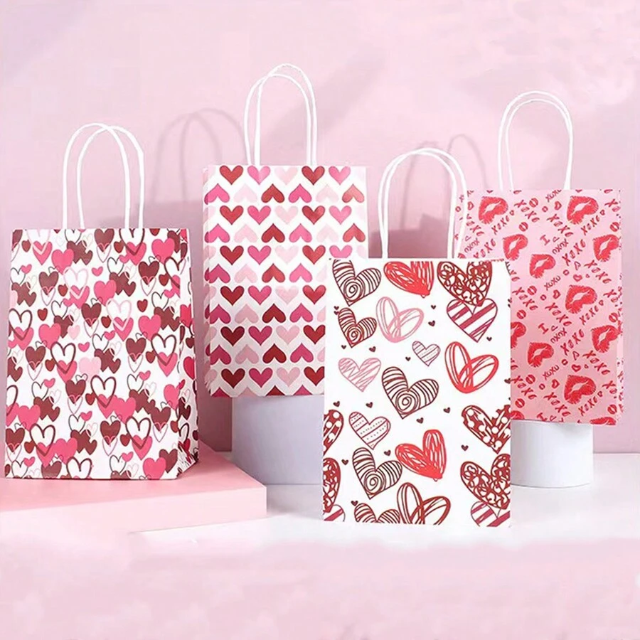 Gift Bag Valentine Texture Paper Carrier Bag Heart Print Packaging Bag Random Delivery 2pcs - Multicolor - View 1