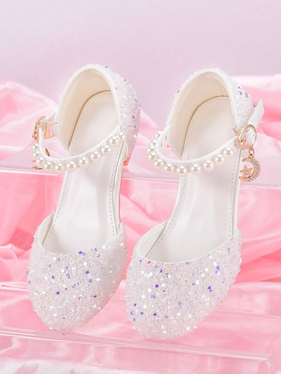 Princess Shoes For Girls With Glittering Stars Pendant, Fashionable High Heels To Match Dress For Performance, White, Ideal For Birthday Party - White - View 1