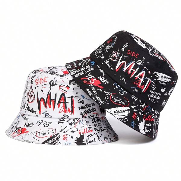 1 Stück Herren Graffiti Fischerhut mit "WHAT" Aufdruck, modischer Fischerhut für legeren Alltag, Frühling/Herbst, Strand- und Partyhut für Herren im Sommer, geeignet für sommerliche Outdoor-Aktivitäten wie Wandern und Angeln