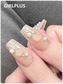 GIRL PLUS GIRLPLUS「蝴蝶山茶花」10件裝純手工製作的假指甲棺材型，閃亮的破碎鑽石珍珠蝴蝶樹脂手工指甲，金屬粉末裝飾優雅的白色時尚指甲組，適合婦女和女孩日常、約會穿戴壓克力假指甲用品 - 彩色 - 查看 4
