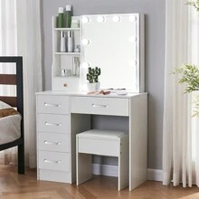 Special Offer Products Large Vanity Set With Power Outlet ,Lighted Mirror Makeup Dressing Table Desk ,6 Drawers With Stool And Drawers USB Port + 2 Plug, Stool Set - One Size - Without USB - View 2