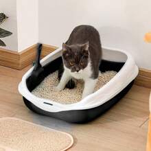 2pcs Plastic Half Enclosed Anti-Splashing Square Cat Litter Box/Litter Pan 1pc + Cat Litter Scoop 1pc (Random Color), Suitable For Small Cats