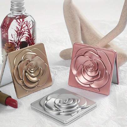 1/2 件玫瑰设计小巧化妆镜，优雅方形旅行化妆镜，适用于口袋、钱包或手提包，便携式折叠手持化妆镜，适合女性和女孩的礼物