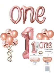 17入組大小為1，由金色和多色紙屑和乳膠材質製成的氣球，並附帶集成鋁膜氣球。生日裝飾，祝你一歲生日快樂！ - 玫瑰金 - 查看 9
