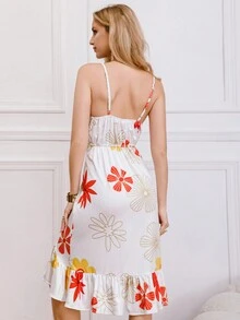 Strap Dresses With Flower Prints, Asymmetrical Bottom Dresses, Tight Summer Dresses