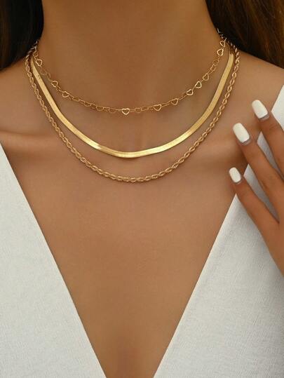 Set de 3 collares elegantes con forma de corazón hueco, que incluye una cadena de trenzado lujosa y una cadena simple de serpiente, un collar de varias capas adecuado para uso diario, fiesta de playa, vacaciones, con una cadena artesanal de longitud ajustable y dijes de corazón intercambiables, regalo ideal para San Valentín, mamá, madre, Día de la Madre