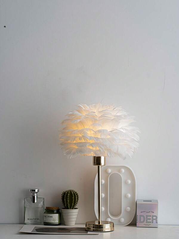 Tiworld 1 pezzo Lampada da tavolo con base in metallo e piume, tocco confortevole, alimentazione USB, dimmerabile a 3 colori, adatta per scrivania, studio, camera da letto come lampada da lettura, stile minimalista, lampada in piume bianche creative per comodino