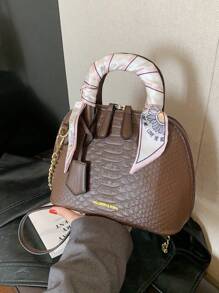BELLEBORG Crocodile Printed Handbag With Scarf - Coffee Brown - View 5