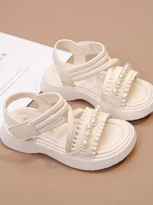 Sandali estivi per ragazza 2024, colore solido con perle, sandali leggeri per bambine e bambine piccole - Beige - Visualizzare 1