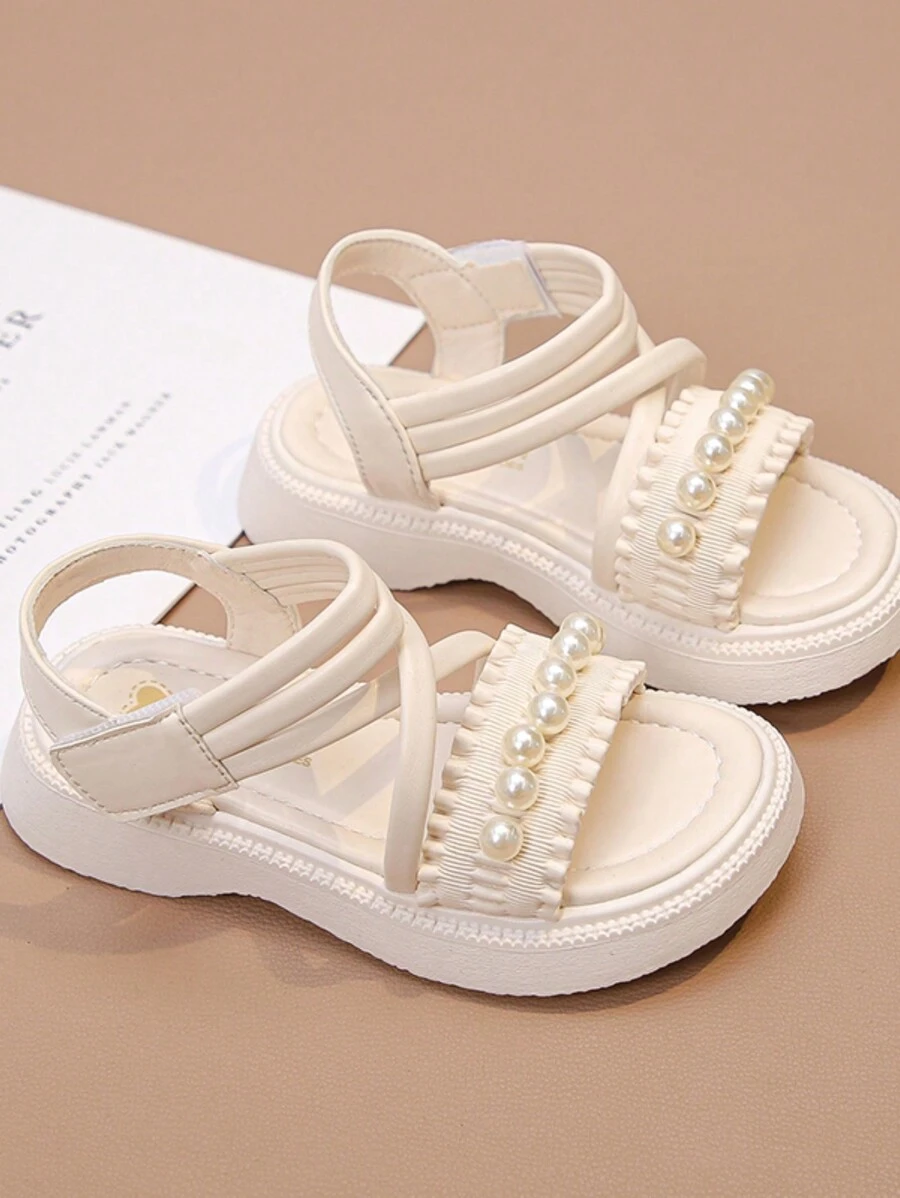 Sandali estivi per ragazza 2024, colore solido con perle, sandali leggeri per bambine e bambine piccole - Beige - Visualizzare 1
