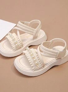 Sandali estivi per ragazza 2024, colore solido con perle, sandali leggeri per bambine e bambine piccole - Beige - Visualizzare 2