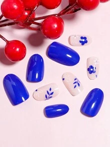 VV MEI JIA ER 24 piezas de uñas postizas con diseño de flores azul Klein y blanco, uñas postizas de puntas francesas para presionar, uñas postizas cortas ovaladas blancas para presionar, uñas acrílicas en forma de almendra para mujeres y niñas, 1 hoja de cinta y 1 lima de uñas, suministros para uñas - azul real - Ver 5