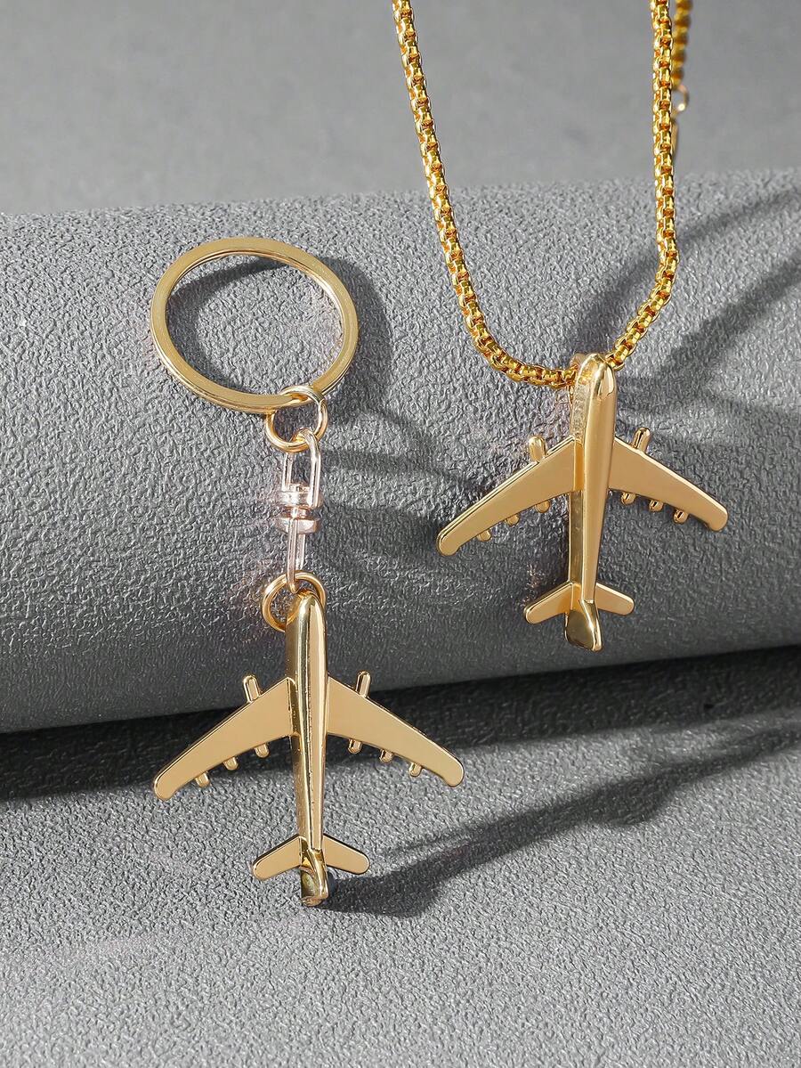2pcs 3D Creative Fashionable Classic Airplane Metal Keychain And Pendant Set For Men - Gold - View 1