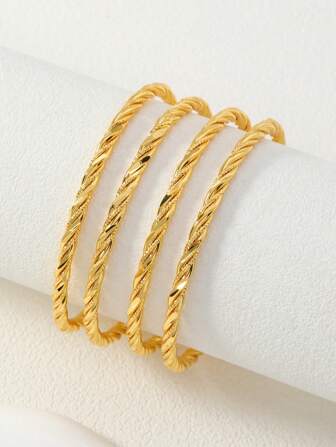 4pcs Luxury & Fashionable 24K Gold-Plated Twisted Rope Copper Bangle Bracelets - Perfect Wedding, Birthday, Or Mother's Day Gift For Girlfriends And Mothers