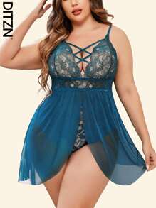 DITZN Plus Size Fashion Sexy Doll Shirt Women's 2 In 1 One-Piece Erotic Lingerie Dress V Neck Lace Pajamas Summer Breathable Cross Strap Nightgowns, Vacation