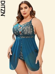 DITZN Plus Size Fashion Sexy Doll Shirt Women's 2 In 1 One-Piece Erotic Lingerie Dress V Neck Lace Pajamas Summer Breathable Cross Strap Nightgowns, Vacation