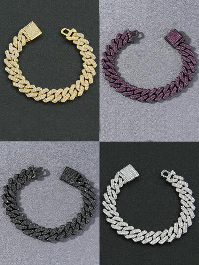 1pc 14mm Width Men Rhinestone Encrusted Curb Chain Bracelet, Hip Hop Style, Boyfriend Gift