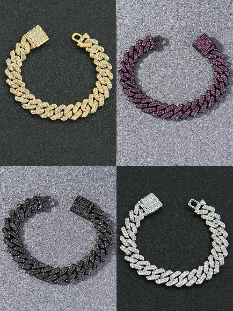 1pc 14mm Width Men Rhinestone Encrusted Curb Chain Bracelet, Hip Hop Style, Boyfriend Gift