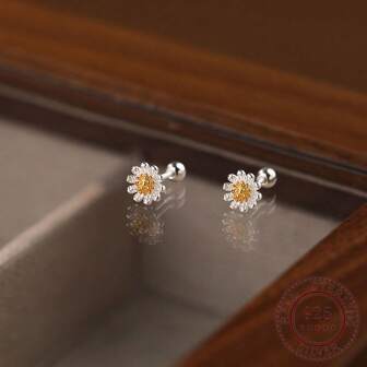 1pair S9925 Silver Daisy Flower Screw Back Stud Earrings, Suitable For Students And Ladies, Great Gift For Mother's Day Valentines