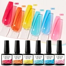 S. S FOCEN 6pcs Glass Sugar Series Jelly Gel Nail Polish Crystal Transparent Gel Polish Set Translucent Sheer Clear Gel Polish Red Pink Light Green Yellow Blue Gift Collection Manicure Kit
