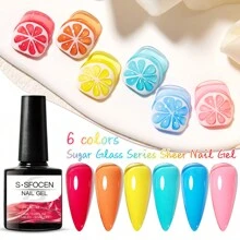 S. S FOCEN 6pcs Glass Sugar Series Jelly Gel Nail Polish Crystal Transparent Gel Polish Set Translucent Sheer Clear Gel Polish Red Pink Light Green Yellow Blue Gift Collection Manicure Kit