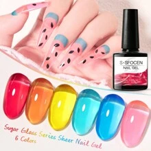 S. S FOCEN 6pcs Glass Sugar Series Jelly Gel Nail Polish Crystal Transparent Gel Polish Set Translucent Sheer Clear Gel Polish Red Pink Light Green Yellow Blue Gift Collection Manicure Kit