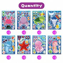 8/16/24/32 Sheets Reusable Make-A-Sea Face Stickers Ocean Animals DIY Art Craft Rewards For School Kid Teacher Summer Mermaid Party Favor Sticker For Birthday Gift Children Room Ocean Decorated Stickers,Stickers For Teachers,Boy Party Favors