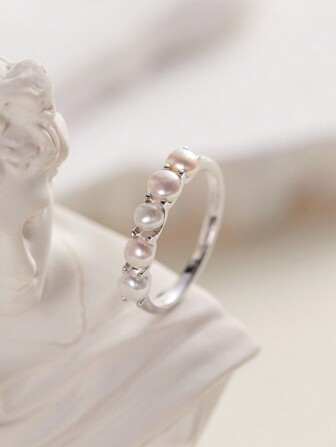 WOSTU 1 st 925 Sterling Silver Eleganta naturliga pärlor Fingerring Bröllopssmycken för kvinnor Hypoallergena fina smycken lämpliga för damer att bära på bröllop eller dagligt slit