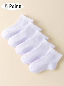 5pairs/Set Girls Thin Solid/Stripe Pattern Lace Ankle Socks For Summer, Casual Style