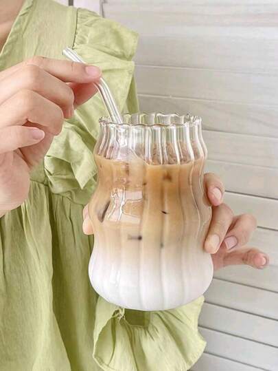 1pc 530ml Glass Coffee Cup With Straw,   For Home Use,  Suitable  For Women,  Drinking Beverage Milk Tea Cup School Supplies Back To School