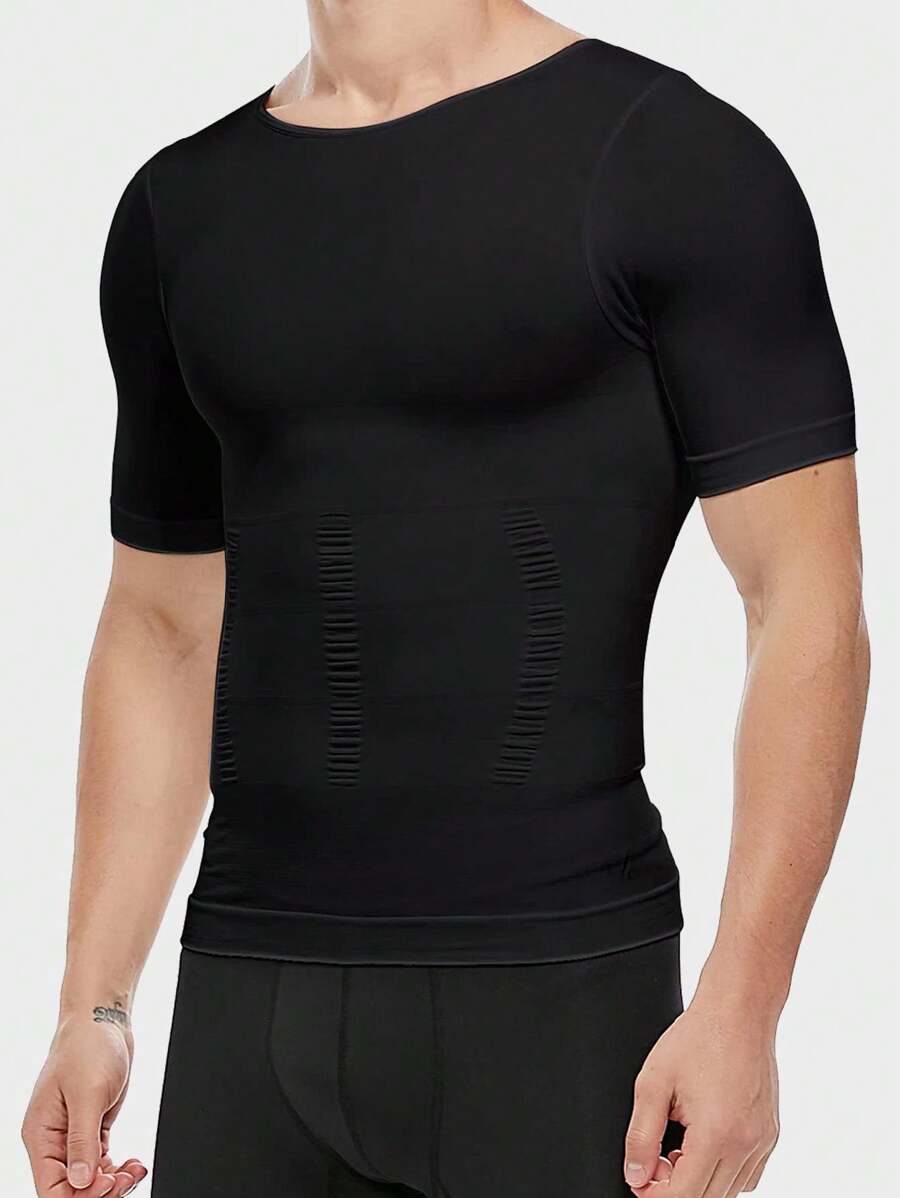 男士无缝压缩塑身衣，收腹塑形内衣，适用于男性乳房发育症 - 黑色 - 查看 1