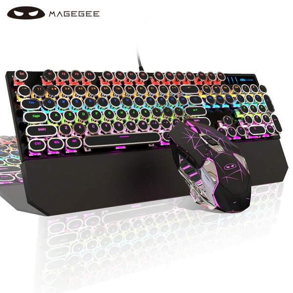 MageGee Typewriter Mechanical Gaming Keyboard And Mouse Combo, Black Retro Punk Round Keycaps RGB Rainbow LED Backlit USB Wired Keyboard And Mouse Set For Office Windows Laptop PC Tablet, Red Switches