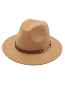 1pc Denim Fedora Hat, Classic Black Wool Felt Vintage Jazz Cap, Adjustable Small Leather Belt Buckle Unisex English Retro Wool Felt Hat, Western Fashion Autumn/Winter Panama Cowboy Felt Hat, Simple Metal Ring Leather Belt Brim Fedora Hat, Versatile Style For Men & Women