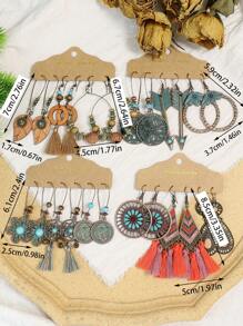 TopHanqi 12pairs/set Vintage Geometric Round Shaped Earrings Set For Women With Tassel, Shell & Big Ring Design, Bohemian Drop Oil Ear Jewelry For Travel, Party, Daily, Work Wear - Multicolor - View 11