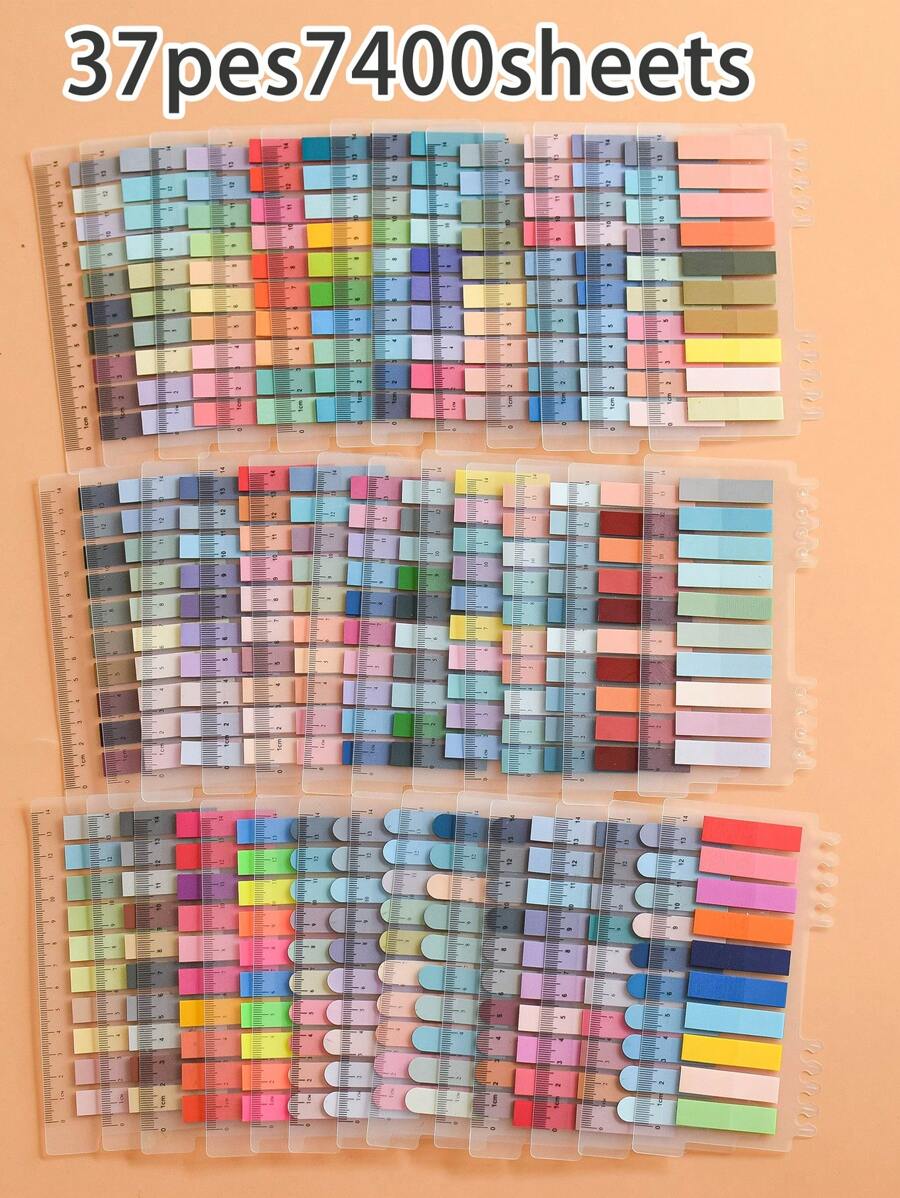 7400pcs Total, 37 Packs Of Neon Pastel Colored Index Tabs, 200 Transparent Waterproof Sticky Notes Per Pack, Office Reading Memo Stickers, Reusable And Waterproof,School Supplies,Back To School