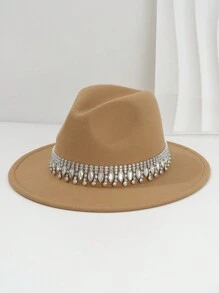 1pc Unisex Solid Color Felt Cowboy Hat With Fringe, Fashionable Faux Gemstone & Rhinestone Decor Hat Belt Chain Droplet Charm Accessories - Gem - View 19