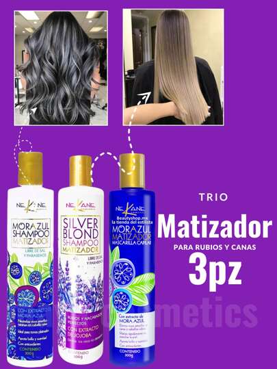 Trio shampoo Silver y shampoo mora , Mascarilla de moras Nekane matizador para cabello rubios 300 ml mascarilla para cabello, matizador para cabello, elimina vizo amarillos