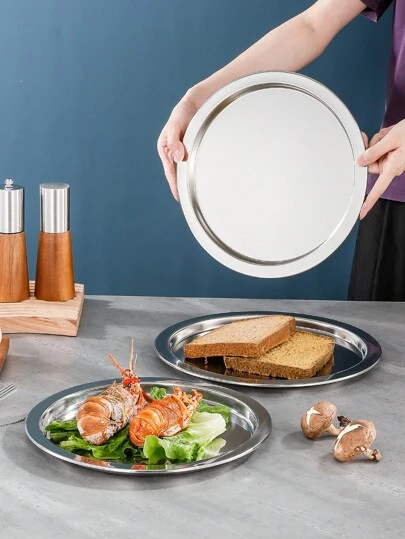 XIYIJIA 1pc Stainless Steel Round Tray For Roasted Meat, Steak, Salad, Fruits, Cake, Party And Wedding Serving Platter Kitchen Storage Plate Christmas Gift