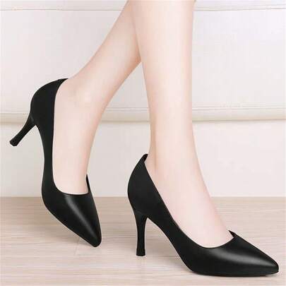 Sapatos femininos clássicos de couro macio preto, confortáveis, de salto alto, para trabalho, com sola macia e salto fino, adequados para equipes de longa data ou de companhias aéreas