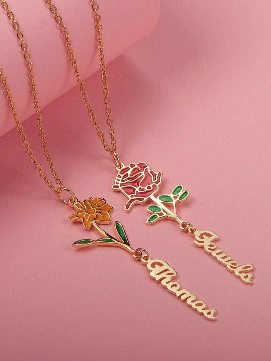 定制个性化出生花名字吊坠项链，母亲节/周年纪念/毕业/圣诞节礼物，送给家人/朋友/同学的高端珠宝礼物 - 金色 - 查看 1